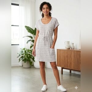 Light Gray Striped Casual Drawstring Pocket Dress
